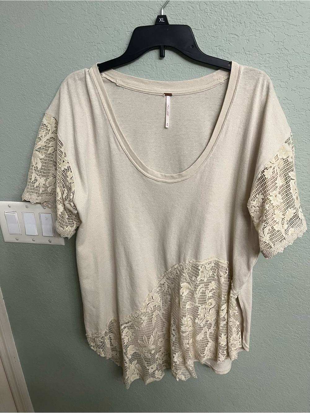 Free People Cream Lace Inset Scoop Neck Short Sleeve Tee